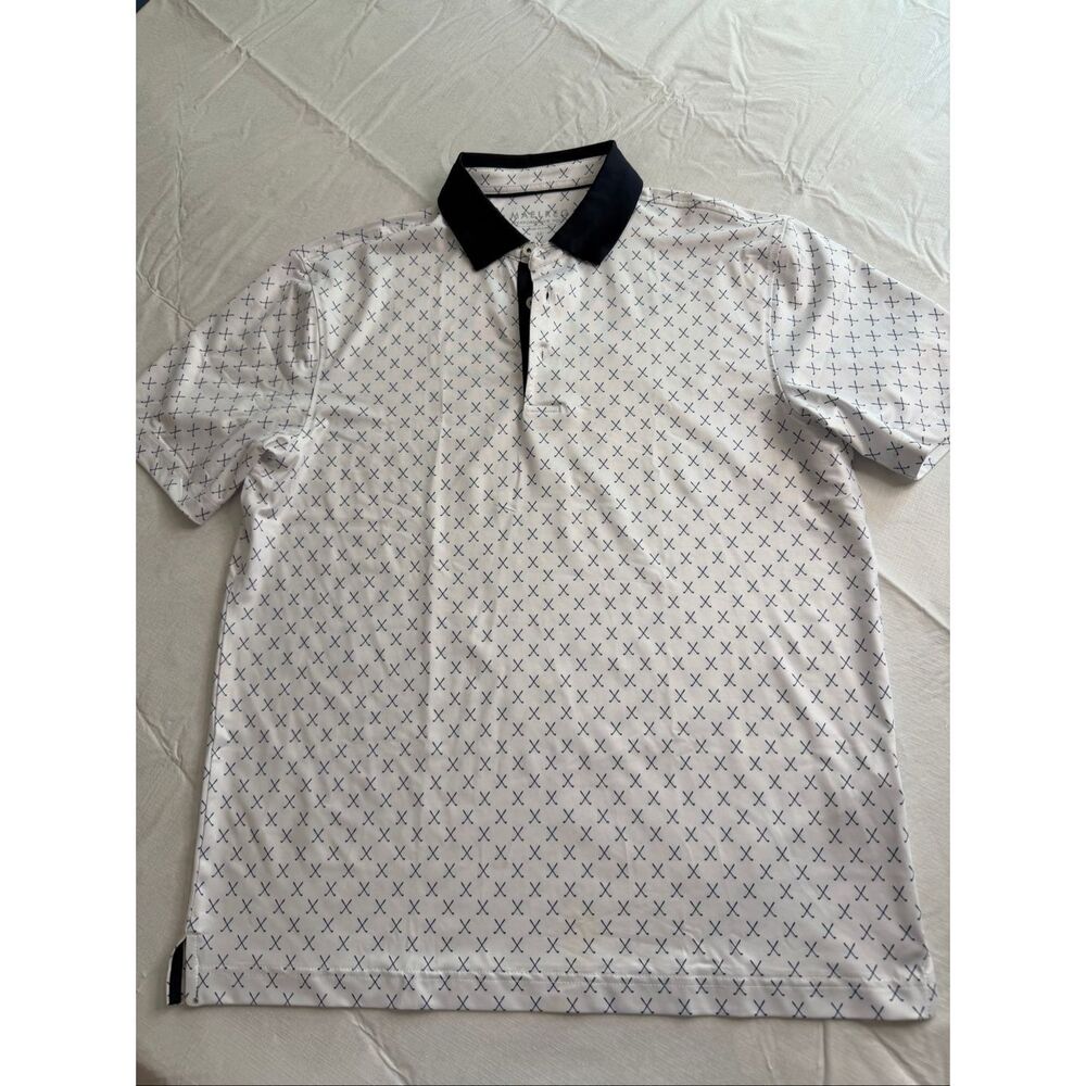 Maelreg Performance Polo Shirt Mens Medium White Blue Geometric Short Sleeve